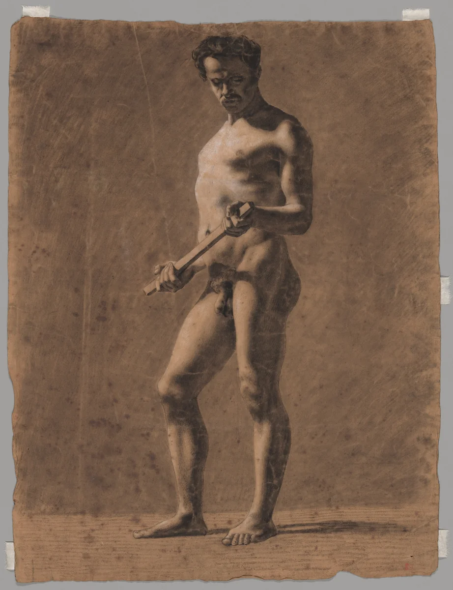 Standing Academic Male Nude (recto); Sketch of Upper Arm (verso) by Eugène Delacroix, drawing, 1816