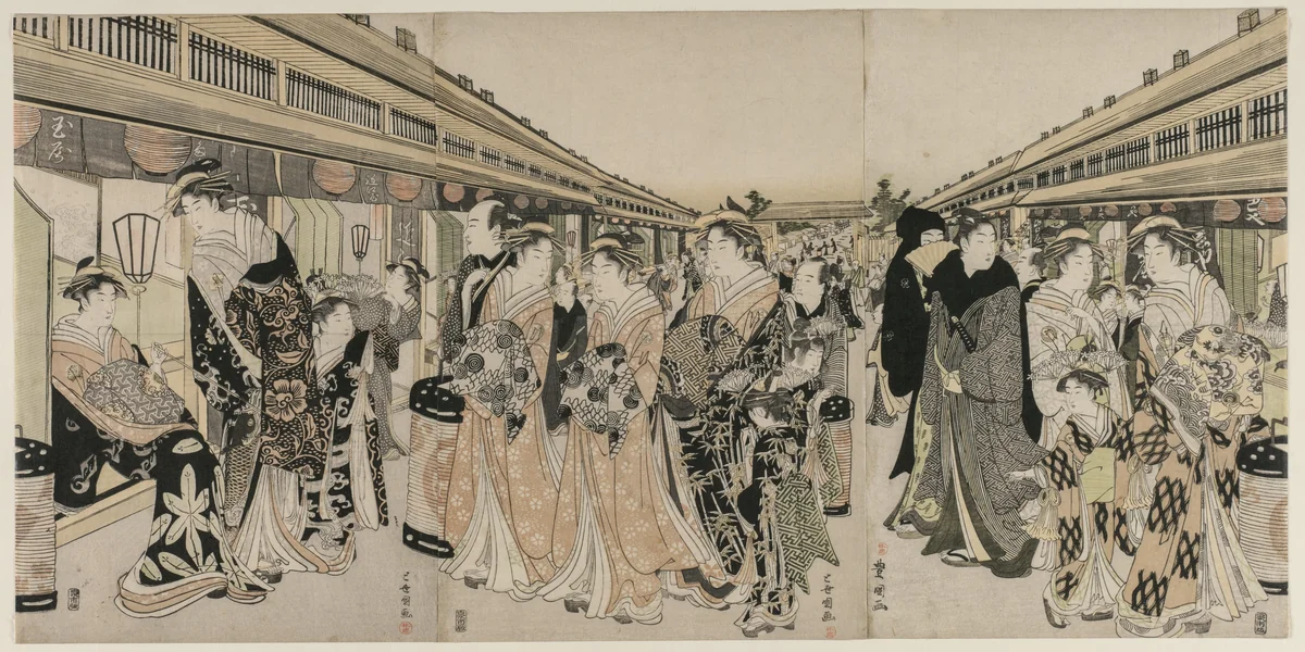 Courtesans Promenading on the Nakanochō by Utagawa Toyokuni, print, 1785-1795