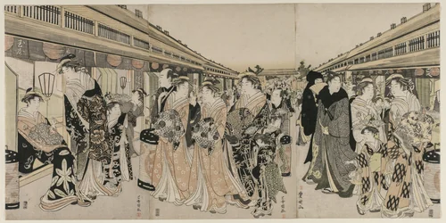 Courtesans Promenading on the Nakanochō by Utagawa Toyokuni, print, 1785-1795