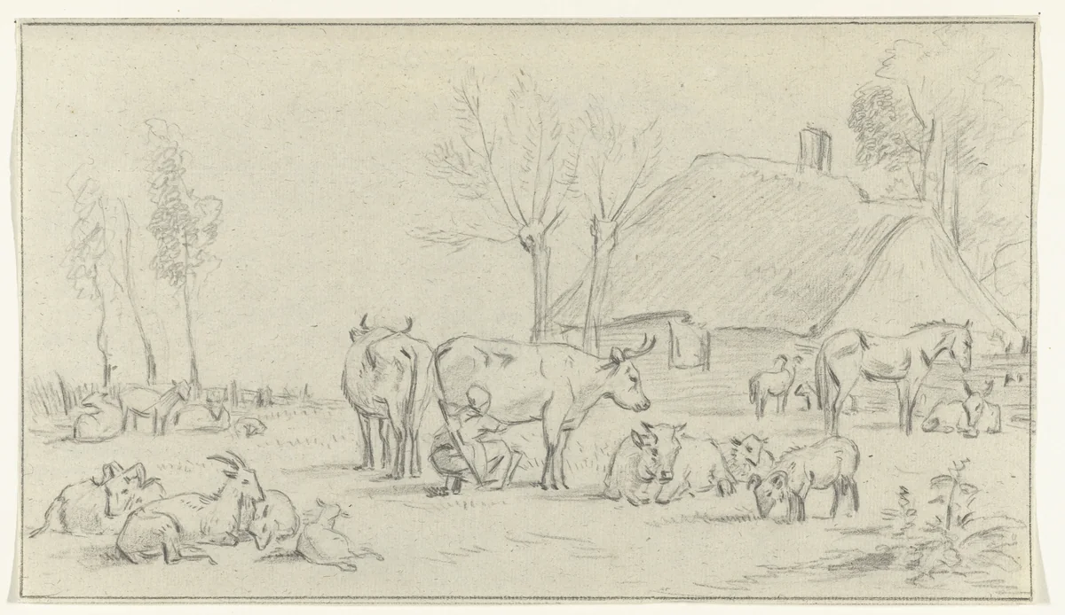 Boerenerf met vee en melkende vrouw by Jean Bernard, drawing, 1775-1833