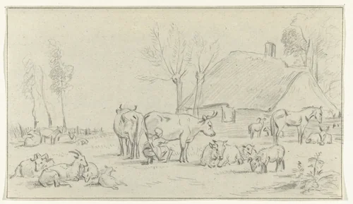 Boerenerf met vee en melkende vrouw by Jean Bernard, drawing, 1775-1833