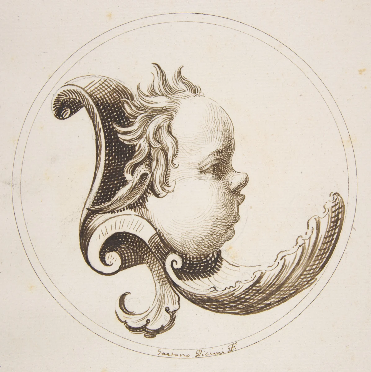 Putto's Head Looking to the Right with a Shell Beneath the Chin within a Circle by Gaetano Piccini, drawing, 1727