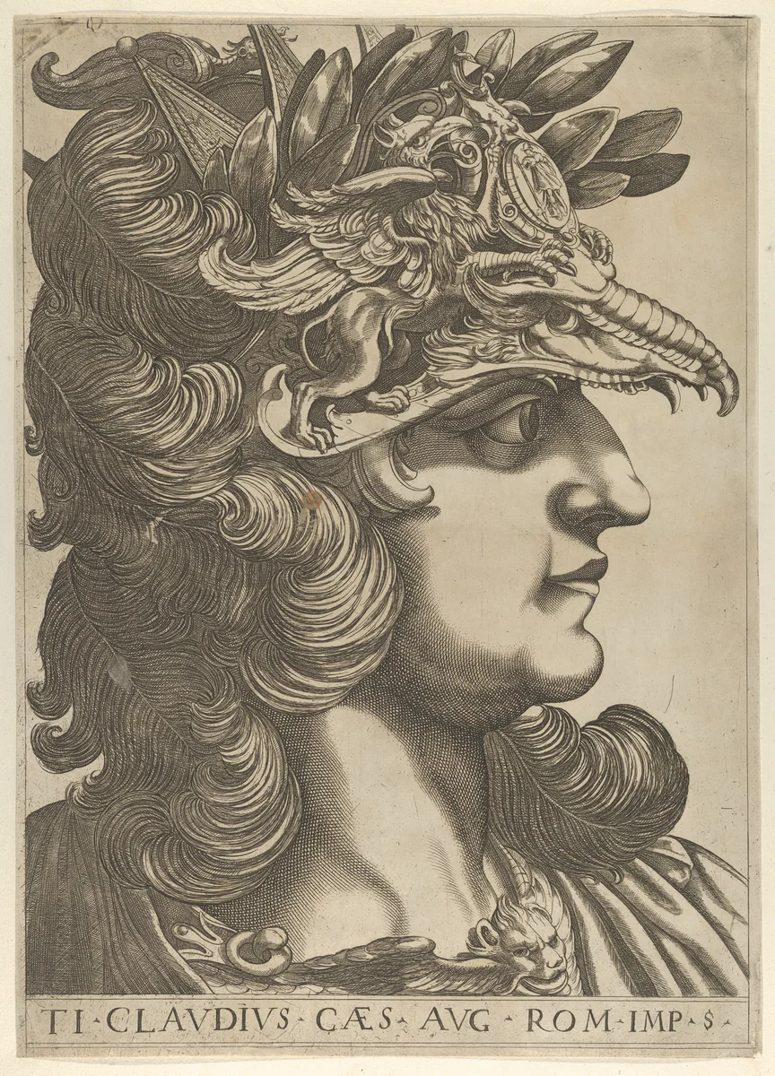 Plate 5: Tiberius Claudius in profile to the right, from "The Twelve Caesars" by anonymous, print, 1610-1640