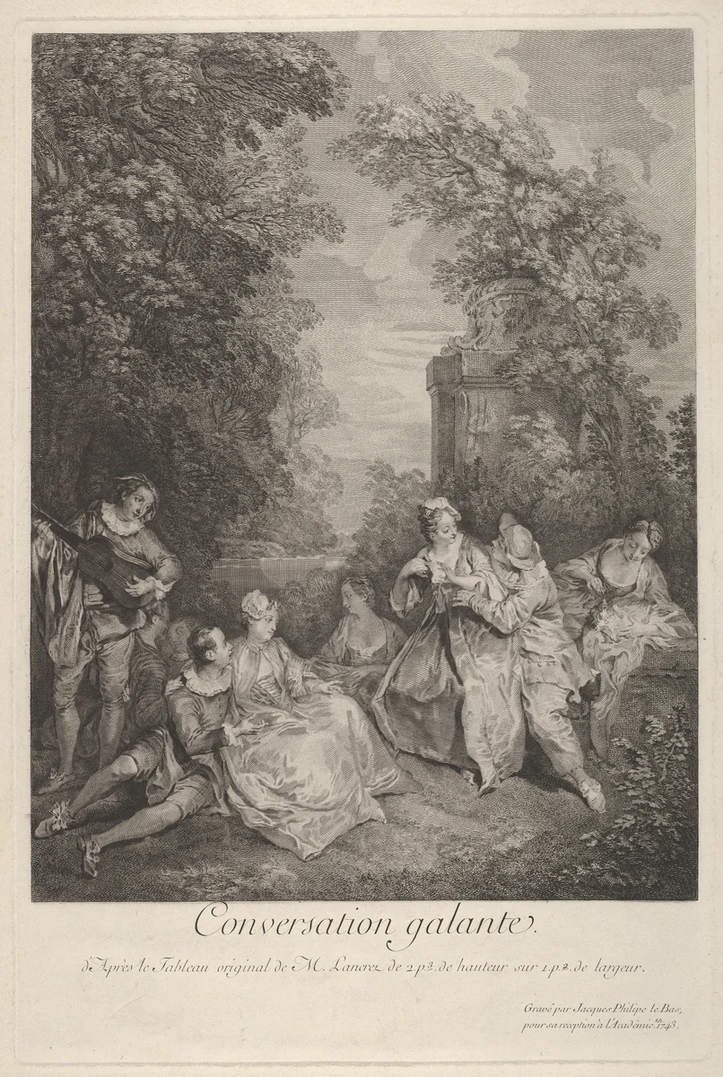 Gallant Conversation (Conversation Galante) by Jacques-Philippe Le Bas, print, 1743
