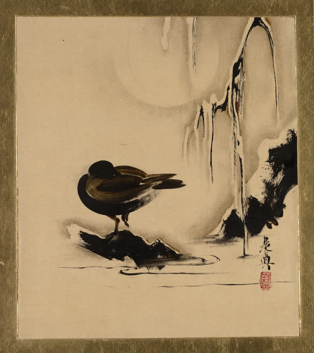 Lacquer Paintings of Various Subjects: Bird and Willow in Snow by Shibata Zeshin (柴田是真), painting, 1882