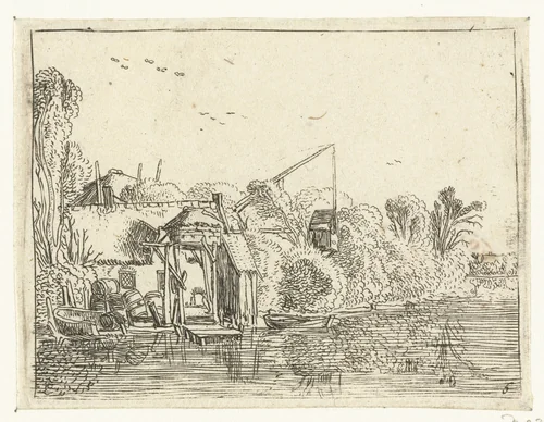 Brouwerij aan de oever van een rivier by Esaias van de Velde, print, 1614