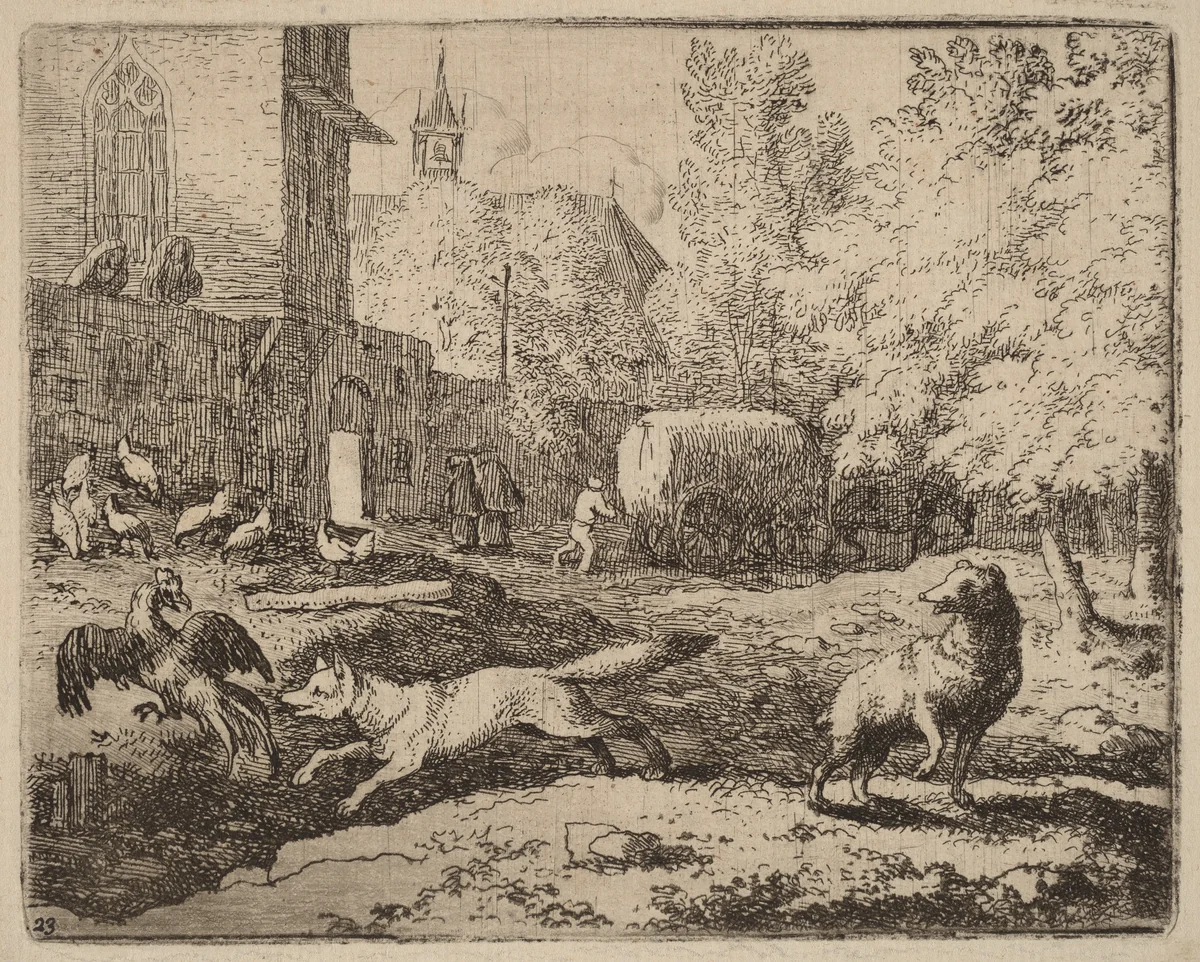 Reynard Attempts to Pilfer a Rooster by Allart van Everdingen, print, 1645-1656