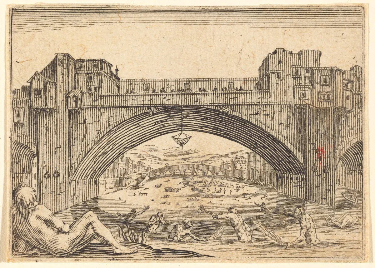 Ponte Vecchio, Florence by Jacques Callot, print, 1622