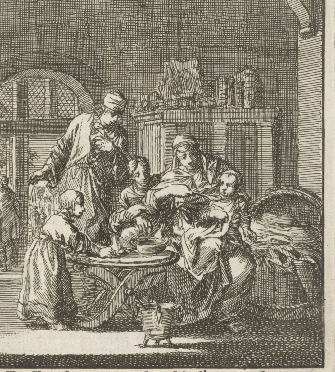 Moeder voert haar kind pap in het bijzijn van haar echtgenoot en oudere kinderen by Jan Luyken, print, 1712