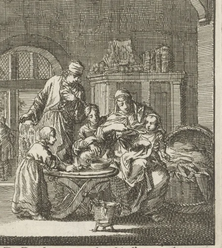 Moeder voert haar kind pap in het bijzijn van haar echtgenoot en oudere kinderen by Jan Luyken, print, 1712