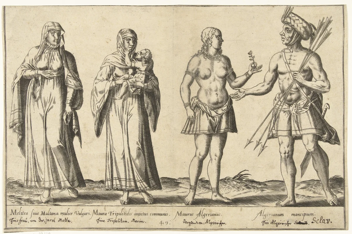 Kleding van Mediterrane volkeren rond 1580 by Abraham de Bruyn, print, 1581