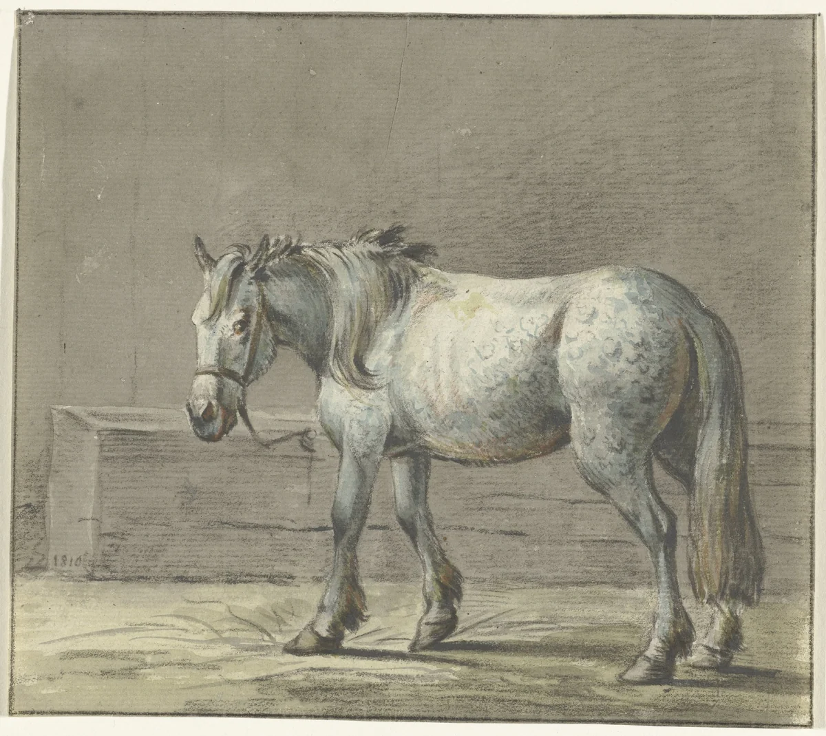 Staand paard in een stal, naar links by Jean Bernard, drawing, 1810-1816