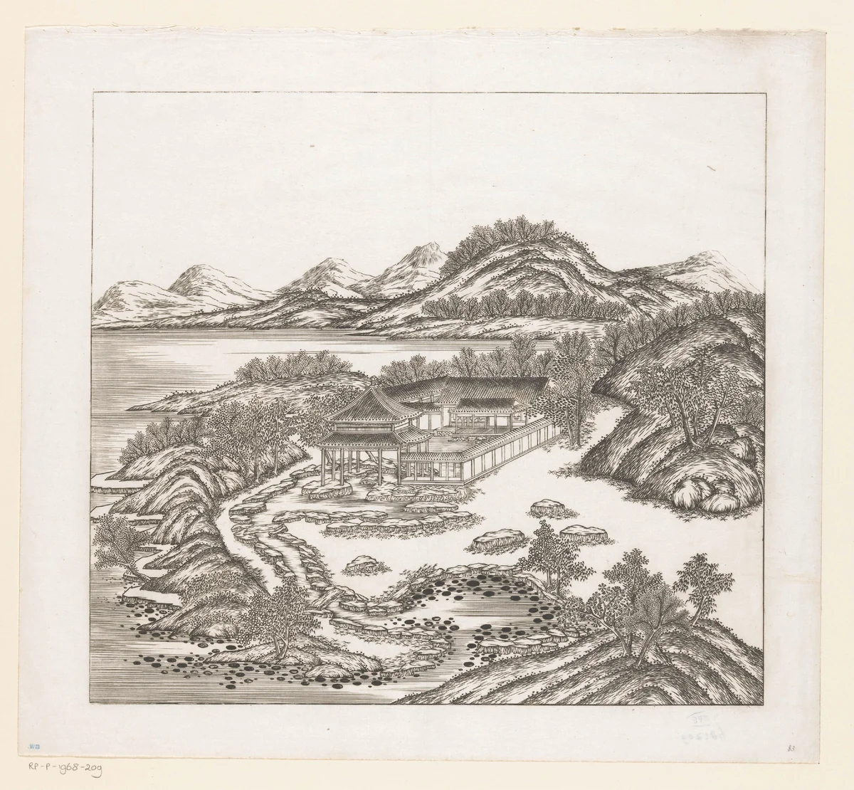 Gezicht op een deel van het keizerlijk zomerpaleis in Chengde (Jehol) te China by Matteo Ripa, print, 1712-1714