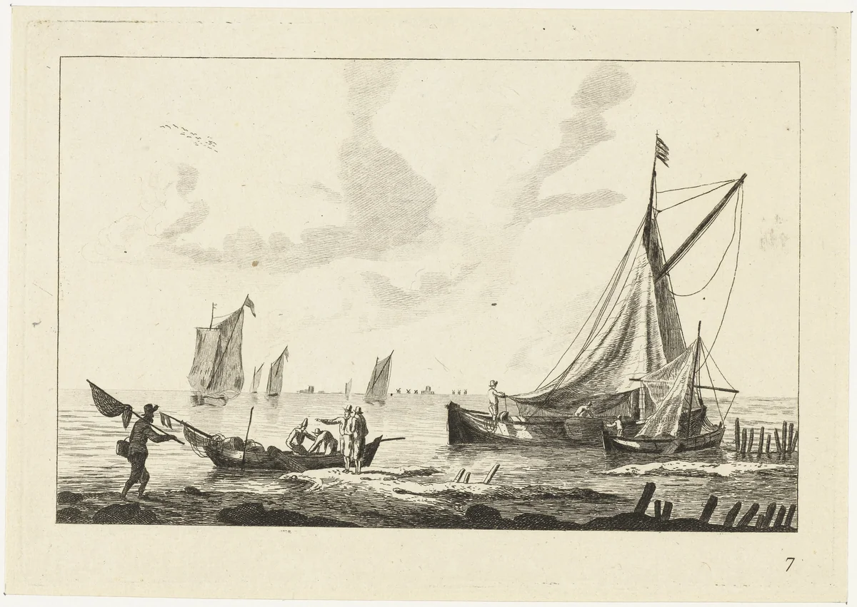Binnenwater met zeilschepen en vissers op de oever by anonymous, print, 1700-1799