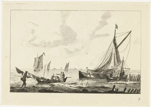 Binnenwater met zeilschepen en vissers op de oever by anonymous, print, 1700-1799