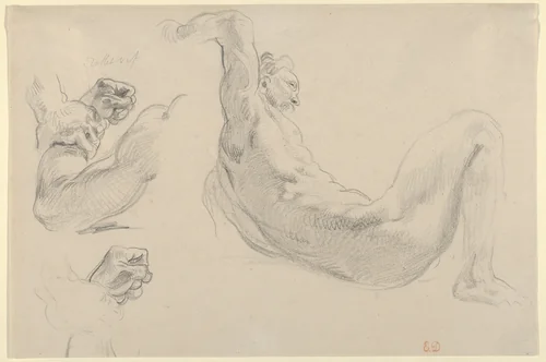 Studies of a Fallen Male Nude for "Hercules and the Horses of Diomedes" by Eugène Delacroix, drawing, 1852