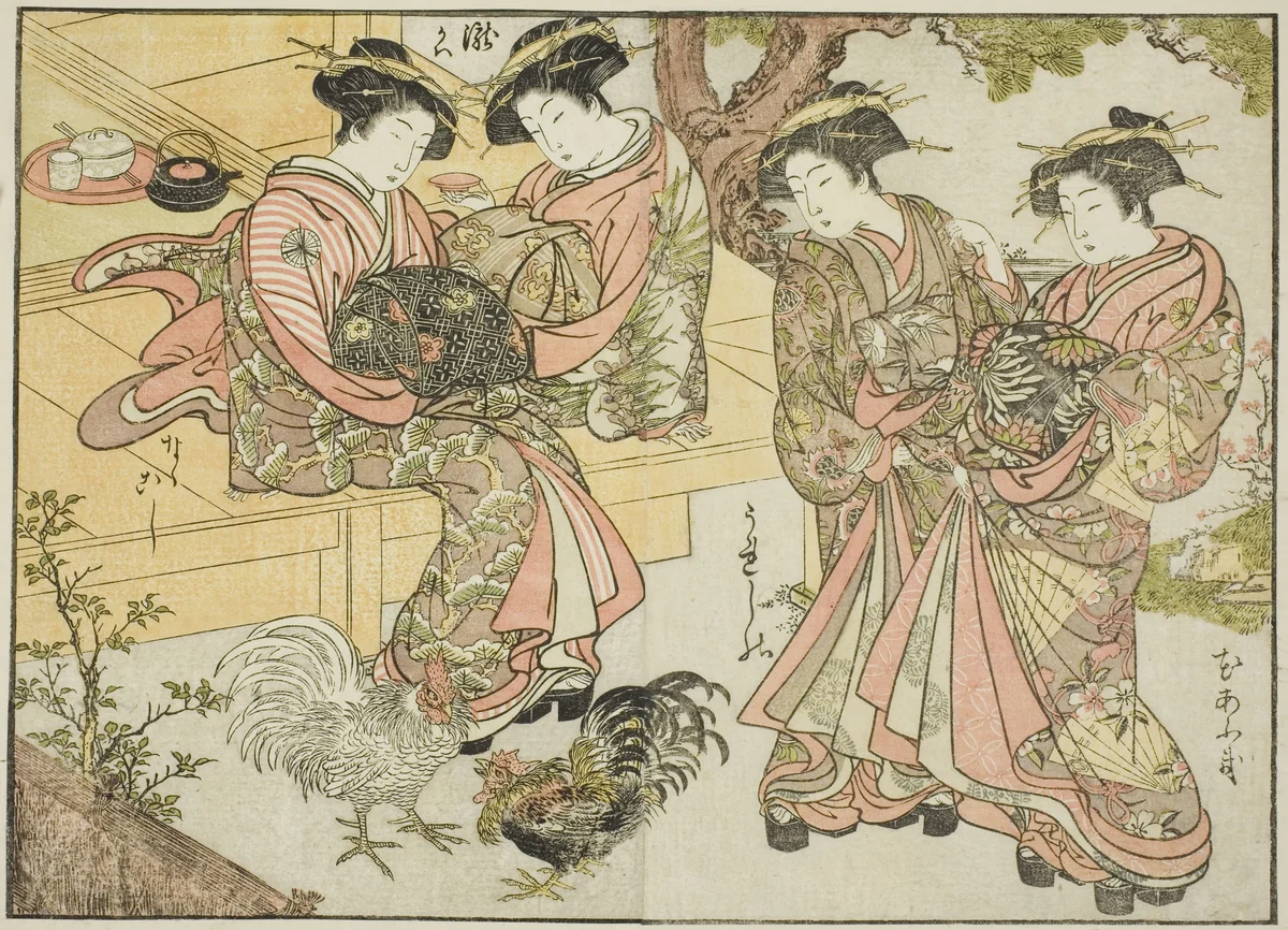 Courtesans of the Ogiya, from the book "Mirror of Beautiful Women of the Pleasure Quarters (Seiro bijin awase sugata kagami)," vol. 1 by Katsukawa Shunsho (勝川 春章), print, 1776