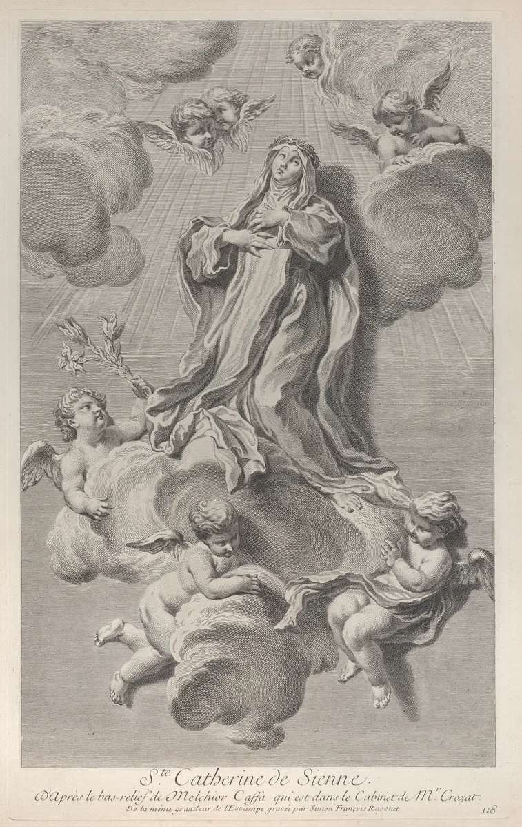 The Ecstasy of Saint Catherine of Siena, kneeling on a cloud carried by angels, one of whom holds a lily by Simon Ravenet, print, 1729-1740