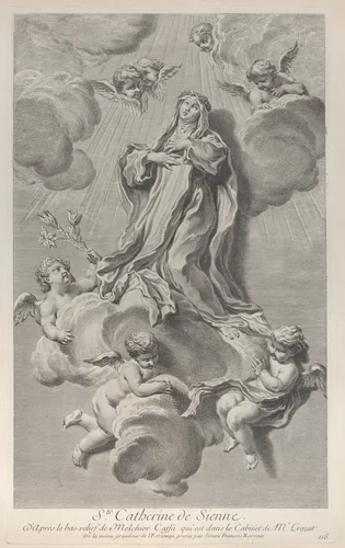 The Ecstasy of Saint Catherine of Siena, kneeling on a cloud carried by angels, one of whom holds a lily by Simon Ravenet, print, 1729-1740