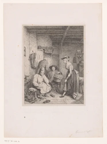 Jonge vrouw bij de schoenmaker by Charles Billoin, print, 1823-1869