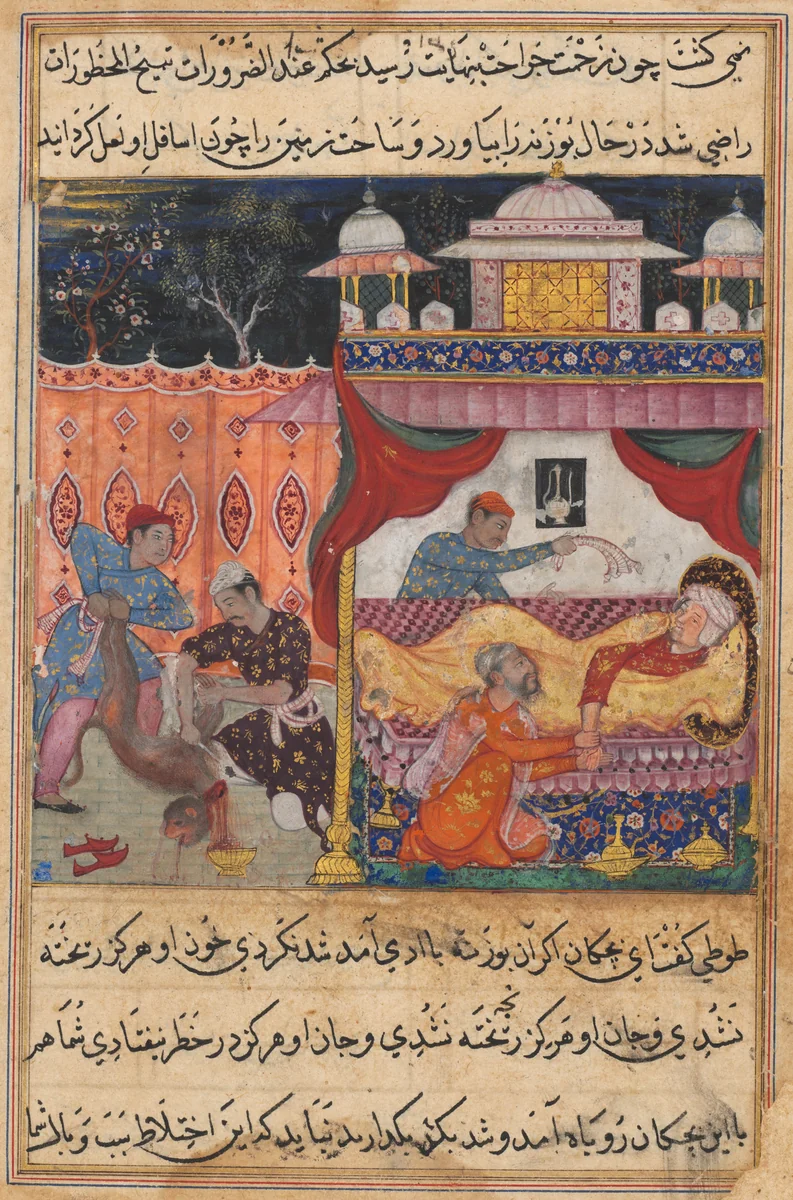 The monkey slain, his blood to be used as medicine for the ailing prince he has bitten, from a Tuti-nama (Tales of a Parrot): Fifth Night by Basawan, painting, 1555-1565