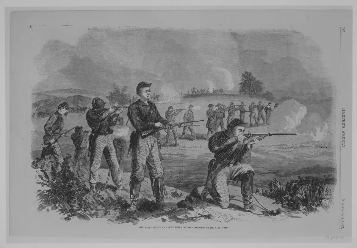 The First Maine Cavalry Skirmishing by Alfred Rudolf Waud, print, 1845-1891