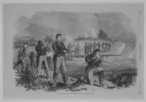 The First Maine Cavalry Skirmishing by Alfred Rudolf Waud, print, 1845-1891