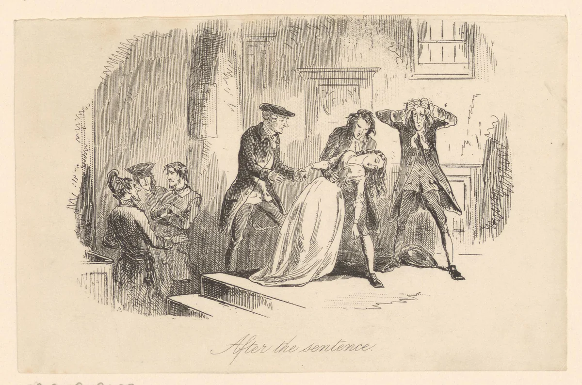 Flauwgevallen vrouw wordt overeind gehouden door een man, achter hen een man met zijn handen in het haar by Hablot Knight Browne, print, 1859