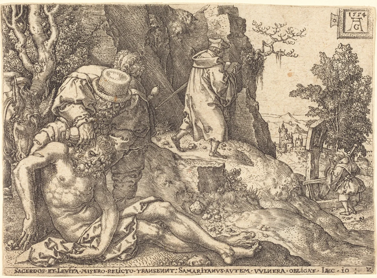 The Good Samaritan Ministering to the Traveler by Heinrich Aldegrever, print, 1554