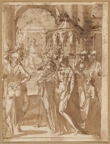Esther before Ahasuerus by Giovanni Guerra, drawing, 1575-1600