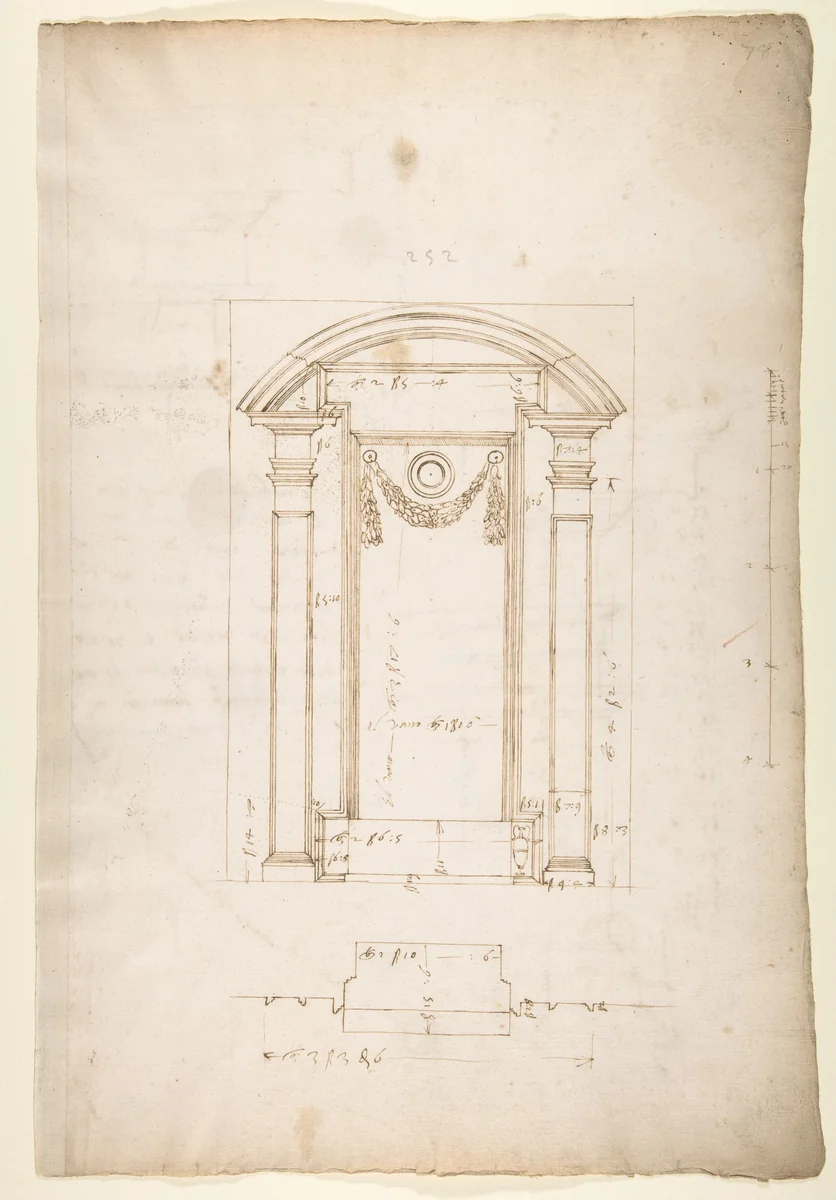 San Lorenzo, New Sacristy, niche frame, tabernacle, plan and elevation (recto) San Lorenzo, New Sacristy, entablature, cornice, and base of niche, profiles (verso) by anonymous, drawing, 1500-1560