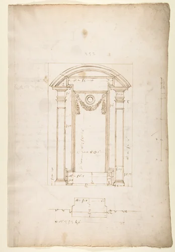 San Lorenzo, New Sacristy, niche frame, tabernacle, plan and elevation (recto) San Lorenzo, New Sacristy, entablature, cornice, and base of niche, profiles (verso) by anonymous, drawing, 1500-1560