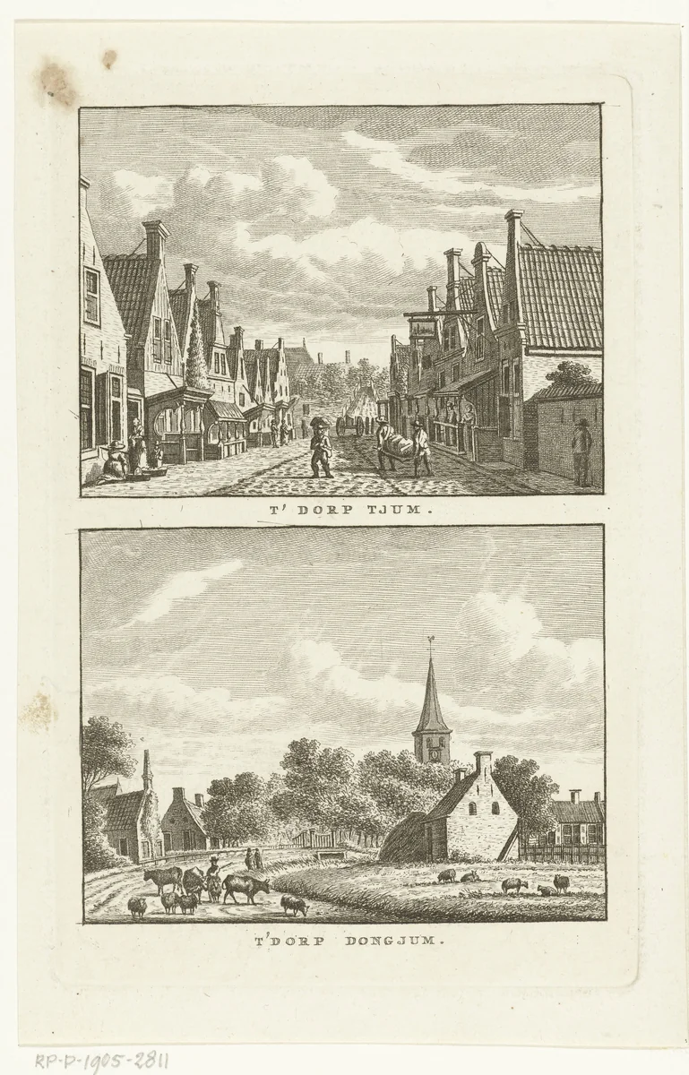 Twee dorpsgezichten te Tjum en Dongjum by Carel Frederik Bendorp, print, 1786-1792