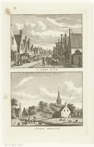 Twee dorpsgezichten te Tjum en Dongjum by Carel Frederik Bendorp, print, 1786-1792