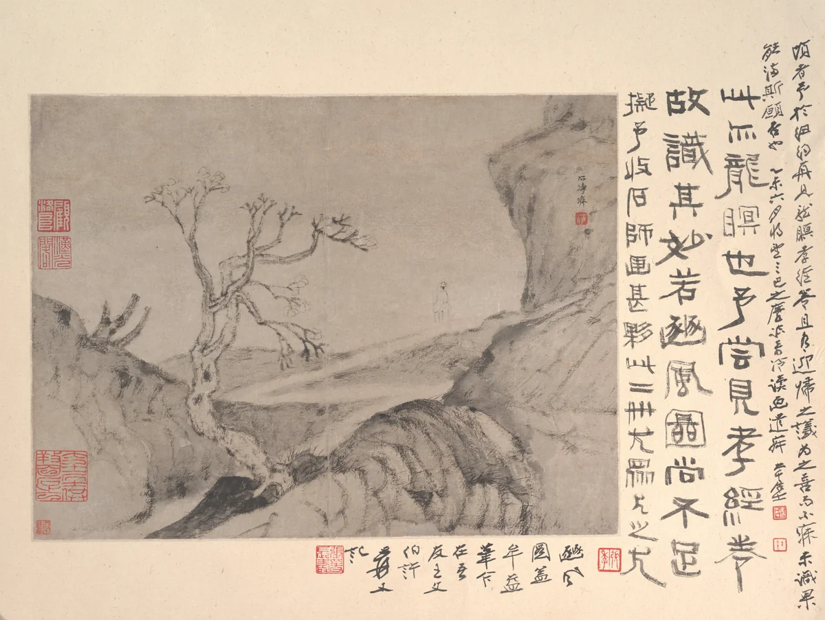 Landscape with solitary figure by Shitao, painting, 1660-1669