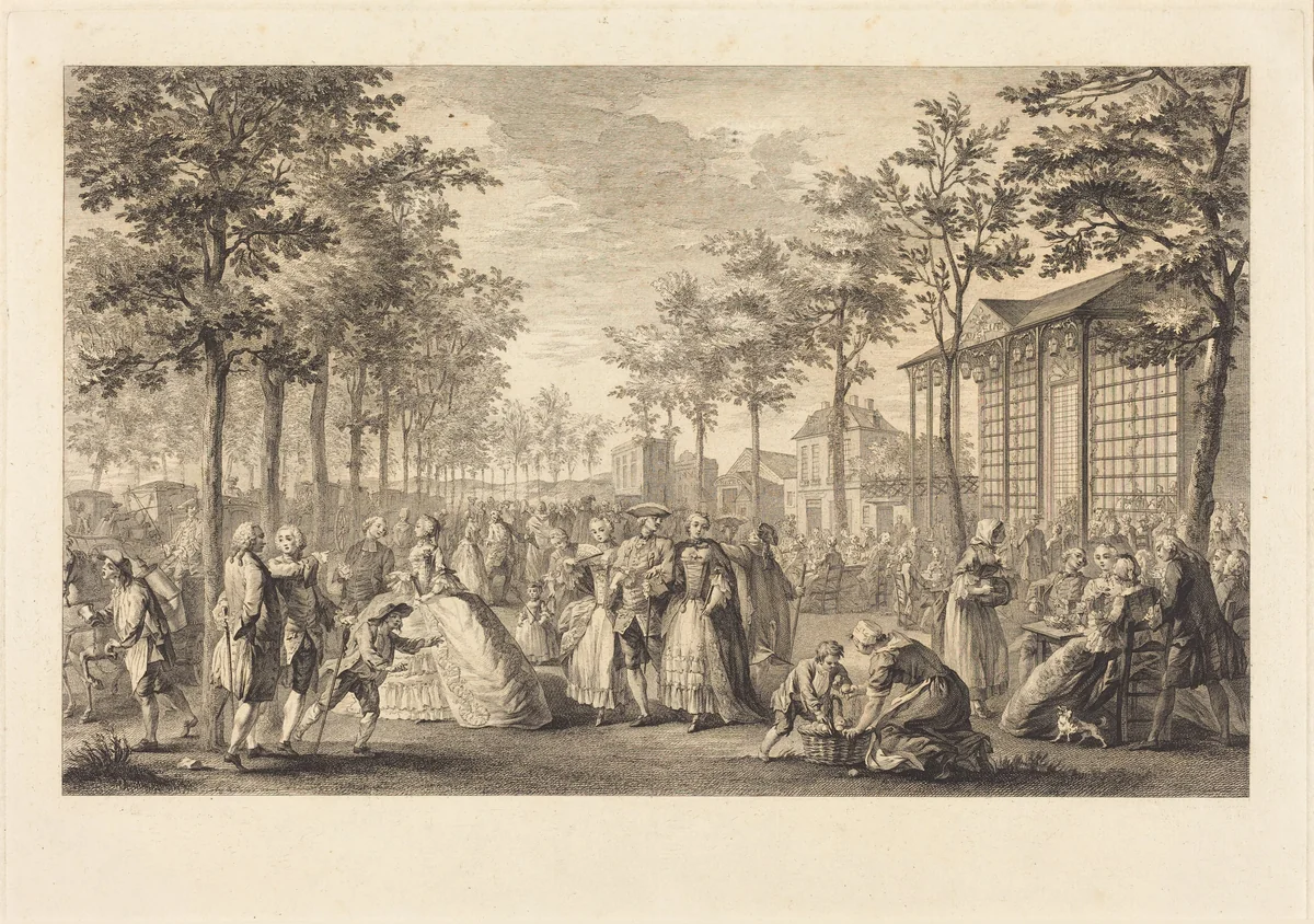 La promenade des remparts de Paris by Pierre-Francois Courtois; Augustin de Saint-Aubin, print, 1760