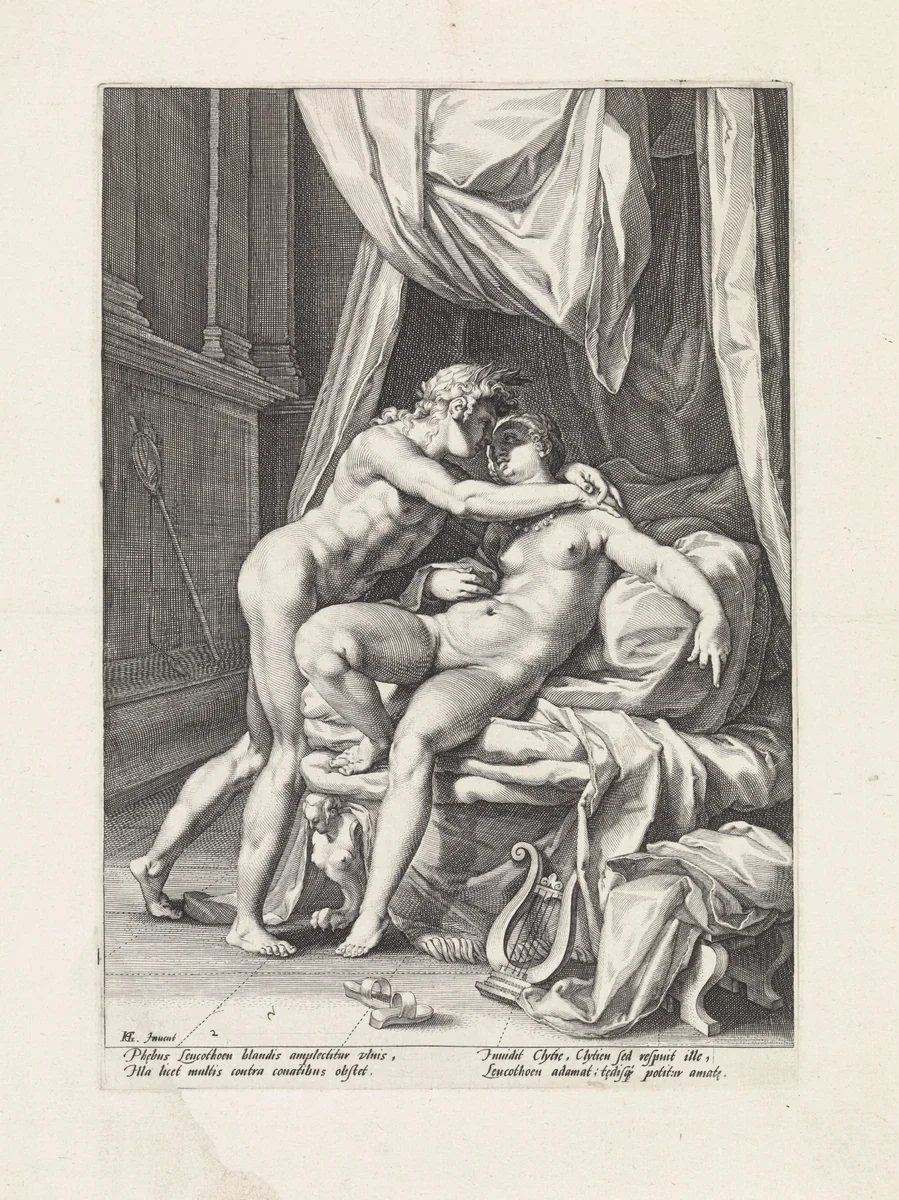 Apollo en Leucothea by Jacob Matham, print, 1588-1592