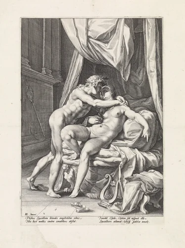 Apollo en Leucothea by Jacob Matham, print, 1588-1592