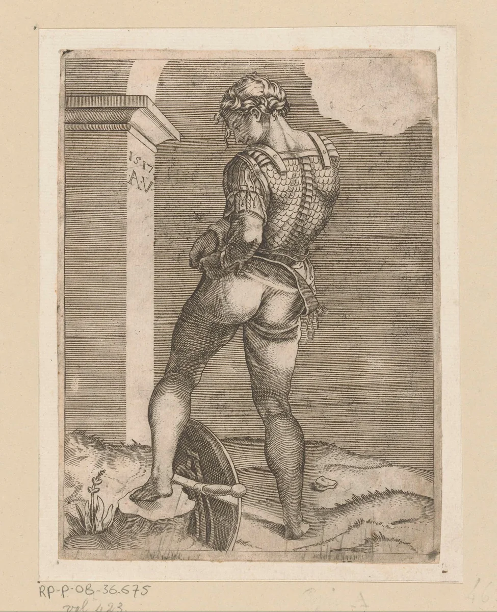Soldaat die zijn broek aan zijn kuras bevestigt by Unknown, print, 1517