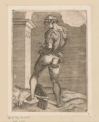 Soldaat die zijn broek aan zijn kuras bevestigt by Unknown, print, 1517