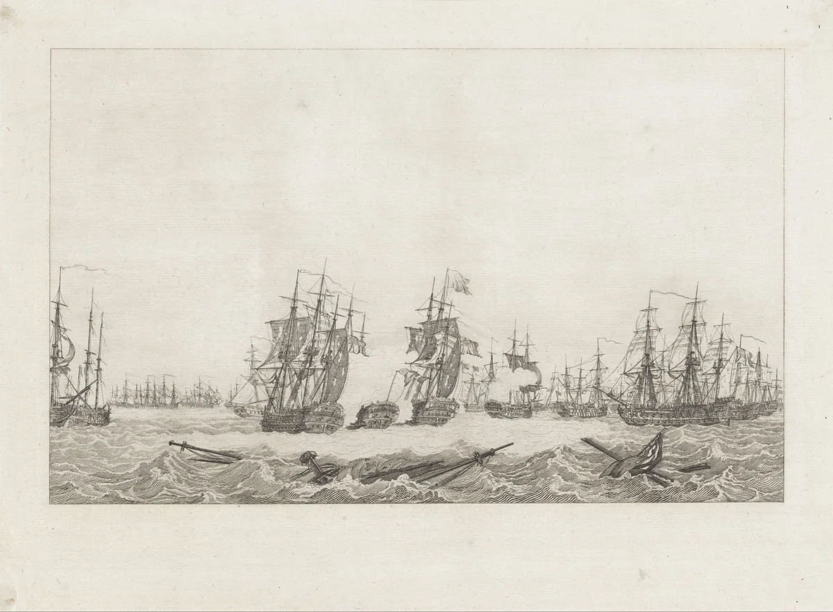 Zeeslag bij Kamperduin (einde), 1797 by Reinier Vinkeles, print, 1798