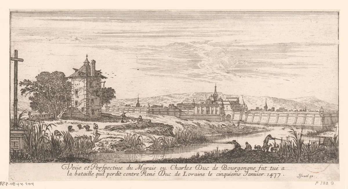 Gezicht op de Marais waar Karel de Stoute gedood is by Israël Silvestre, print, 1650