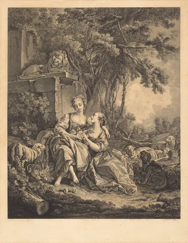 Les deux confidantes by Jean Ouvrier; François Boucher, print, 1761