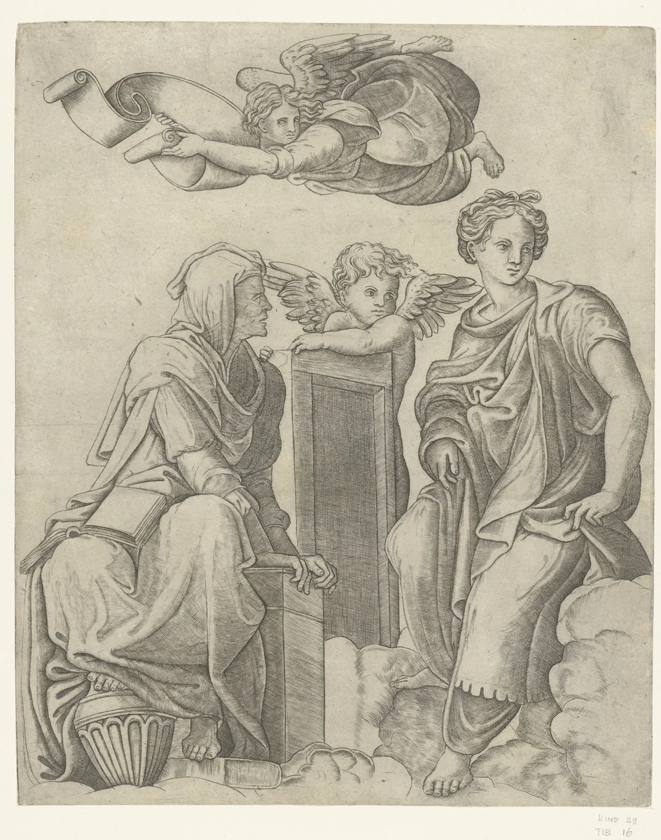 Twee sibyllen en engel en putto by Unknown, print, 1511-1520