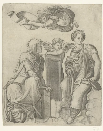 Twee sibyllen en engel en putto by Unknown, print, 1511-1520
