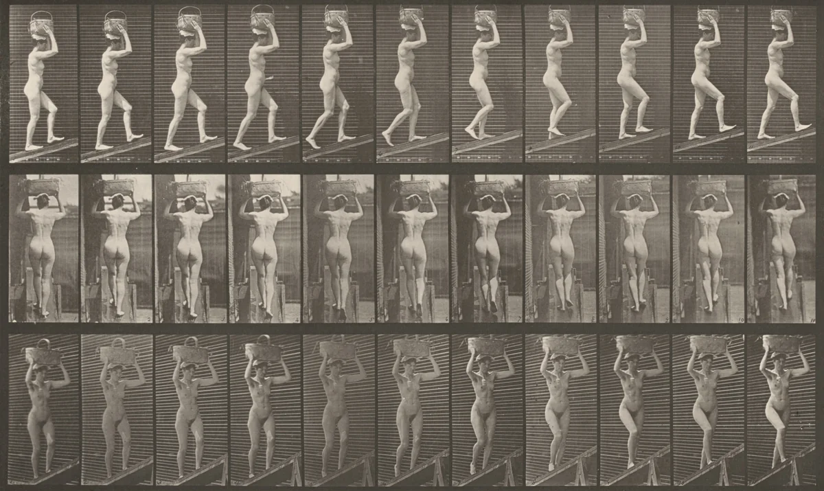 Plate Number 80. Ascending an incline with a 20-lb. basket on head by Eadweard Muybridge, photograph, 1887