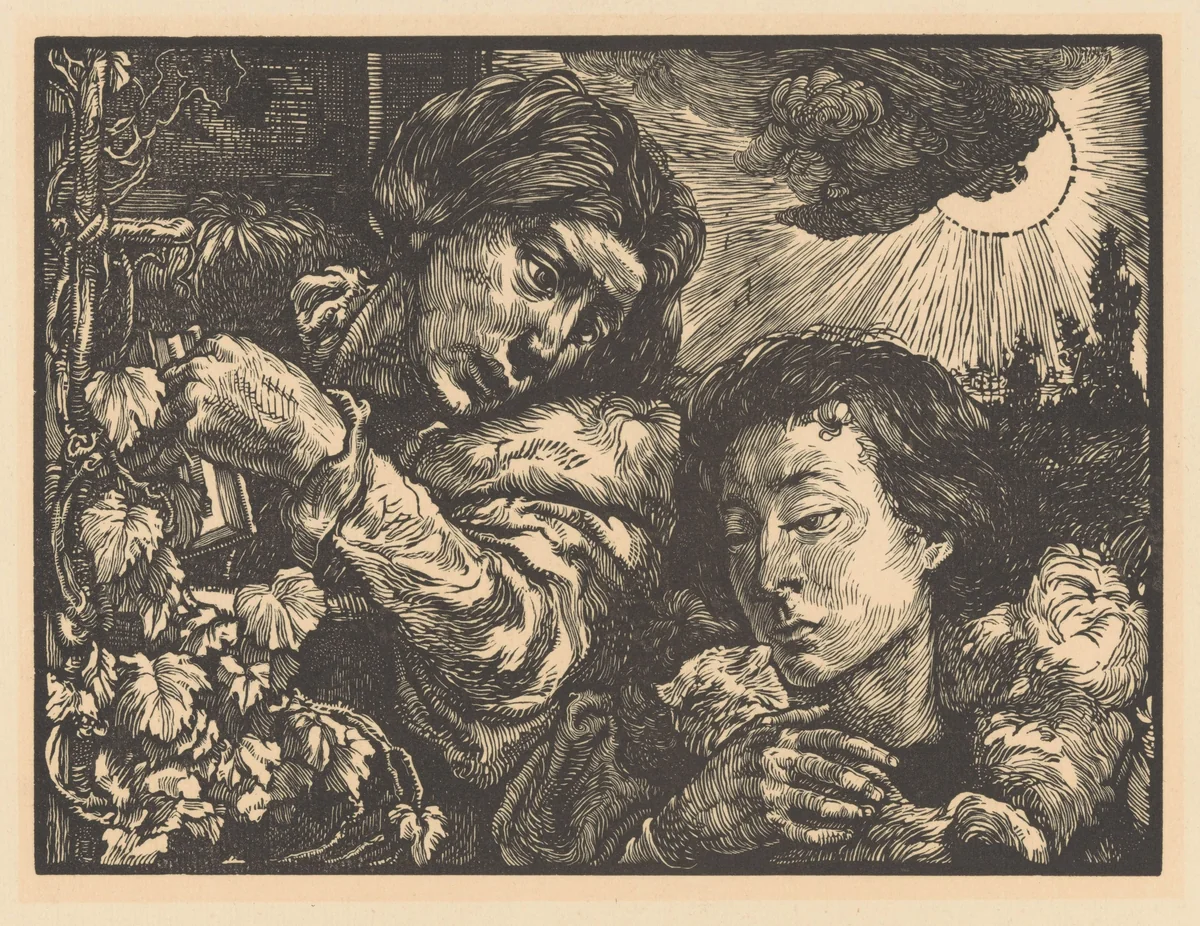 Twee vrouwen bij een wijnrank by Johannes Josephus Aarts, print, 1897