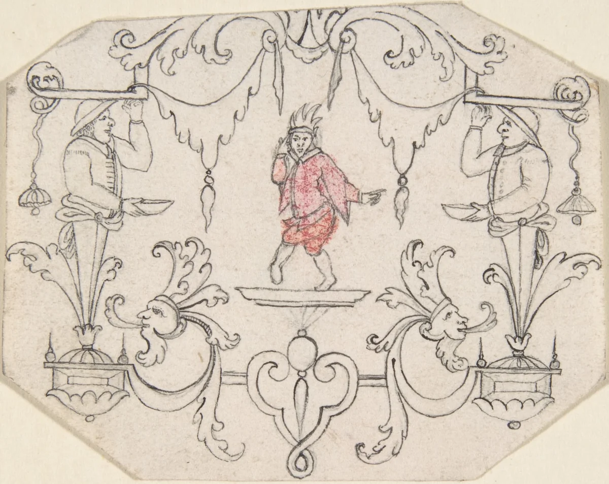 Arabesque Cartouche with Dancing Figure by anonymous, drawing, 1700-1800