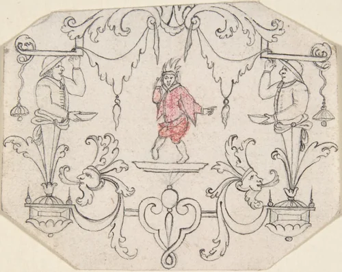 Arabesque Cartouche with Dancing Figure by anonymous, drawing, 1700-1800