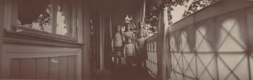 Grand Duchesses Maria, Tatiana, Olga and Anastasia, and Alexis on a Porch, Krasnoe Selo by Unidentified Photographer, photograph, 1907